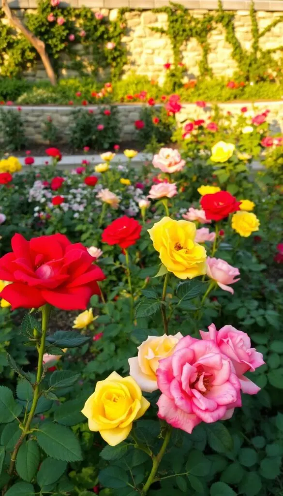 a lush, vibrant garden with a variety of rose bushes in full bloom, their petals glistening under the warm, golden sunlight. In the foreground, a cluster of red, yellow, and pink roses stand tall, their stems adorned with thorns. The midground features a mix of garden beds with various rose cultivars, their colors and textures creating a visually striking arrangement. In the background, a stone wall or fence provides a natural backdrop, with a few scattered rose vines climbing up the structure. The overall scene conveys a sense of abundance, vitality, and the quick, rewarding results of proper rose care and attention.