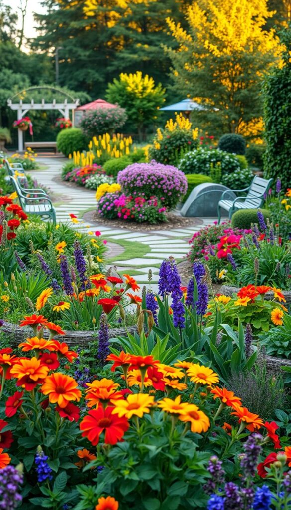 a lush, vibrant summer garden with an abundance of thriving plants and flowers in the foreground, arranged in a visually appealing and harmonious composition. the mid-ground features a winding path leading through the garden, with well-placed benches and ornamental elements that invite exploration. the background showcases a warm, golden hour lighting that casts a soft, romantic glow over the entire scene, creating an atmosphere of tranquility and natural beauty. the plants should include a variety of colorful blooms, lush foliage, and textural elements that capture the essence of a low-maintenance, easy-to-maintain summer garden design.