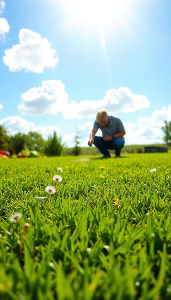 a lush, well-manicured lawn in the foreground, with vibrant green grass and a few scattered dandelions. In the middle ground, a gardener kneeling down, examining the soil and sprinkling grass seed onto a bare patch. The background features a clear blue sky with fluffy white clouds, and the warm, golden glow of the sun shining down, casting a gentle light over the scene. The overall mood is one of tranquility and the promise of a thriving, healthy lawn. a lush, well-manicured lawn in the foreground, with vibrant green grass and a few scattered dandelions. In the middle ground, a gardener kneeling down, examining the soil and sprinkling grass seed onto a bare patch. The background features a clear blue sky with fluffy white clouds, and the warm, golden glow of the sun shining down, casting a gentle light over the scene. The overall mood is one of tranquility and the promise of a thriving, healthy lawn.