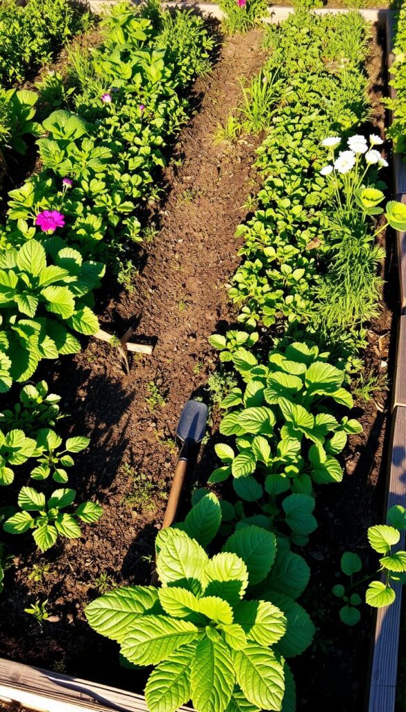 a lush, well-tended garden bed in the afternoon sunlight, with neatly spaced rows of thriving vegetables including leafy greens, root vegetables, and flowering plants. The bed is framed by a rustic wooden border, with a path winding through the center. The soil is rich and dark, with a few weed-free patches visible. Soft shadows from the surrounding plants create a gentle, natural atmosphere. A few garden tools, such as a trowel or hand fork, are casually placed nearby. The entire scene has a sense of order and productivity, reflecting the successful cultivation of a diverse array of edible crops. a lush, well-tended garden bed in the afternoon sunlight, with neatly spaced rows of thriving vegetables including leafy greens, root vegetables, and flowering plants. The bed is framed by a rustic wooden border, with a path winding through the center. The soil is rich and dark, with a few weed-free patches visible. Soft shadows from the surrounding plants create a gentle, natural atmosphere. A few garden tools, such as a trowel or hand fork, are casually placed nearby. The entire scene has a sense of order and productivity, reflecting the successful cultivation of a diverse array of edible crops.