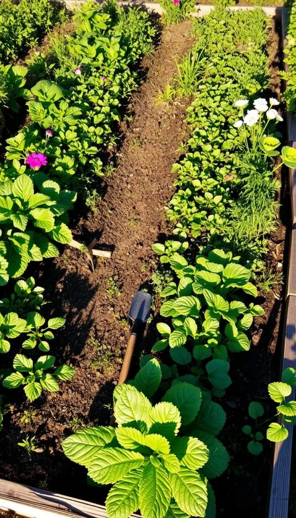 a lush, well-tended garden bed in the afternoon sunlight, with neatly spaced rows of thriving vegetables including leafy greens, root vegetables, and flowering plants. The bed is framed by a rustic wooden border, with a path winding through the center. The soil is rich and dark, with a few weed-free patches visible. Soft shadows from the surrounding plants create a gentle, natural atmosphere. A few garden tools, such as a trowel or hand fork, are casually placed nearby. The entire scene has a sense of order and productivity, reflecting the successful cultivation of a diverse array of edible crops. a lush, well-tended garden bed in the afternoon sunlight, with neatly spaced rows of thriving vegetables including leafy greens, root vegetables, and flowering plants. The bed is framed by a rustic wooden border, with a path winding through the center. The soil is rich and dark, with a few weed-free patches visible. Soft shadows from the surrounding plants create a gentle, natural atmosphere. A few garden tools, such as a trowel or hand fork, are casually placed nearby. The entire scene has a sense of order and productivity, reflecting the successful cultivation of a diverse array of edible crops.