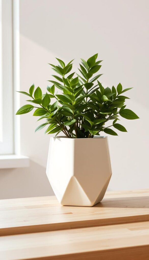 a modern and minimalist planter displayed on a wooden table, illuminated by soft natural lighting from a window. The planter is made of smooth, matte ceramic material in a neutral color such as off-white or light gray, with a simple, geometric design. The planter contains a healthy, lush houseplant with vibrant green leaves, creating a harmonious and calming composition. The table surface is made of light-colored wood, and the background features a plain, pale wall, allowing the planter to be the focal point of the scene. The overall mood is one of simplicity, elegance, and a touch of Scandinavian design aesthetic.