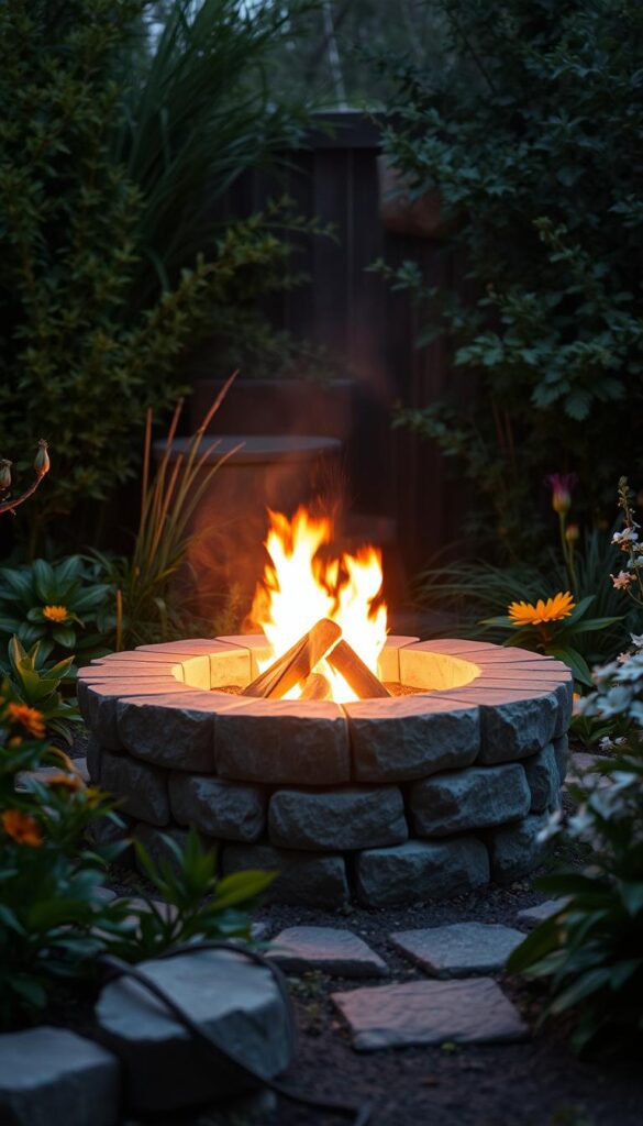 a rustic, cozy fire pit in a lush garden setting, with a warm glow emanating from the flames and illuminating the surrounding foliage. the fire pit is constructed of natural stone, nestled among verdant plants and flowers. the lighting is soft and atmospheric, creating an inviting ambiance perfect for intimate gatherings on a cool spring evening. the scene is captured from a slightly elevated angle, showcasing the fire pit's integration with the natural landscape. the overall mood is one of relaxation, comfort, and the simple pleasure of outdoor living.