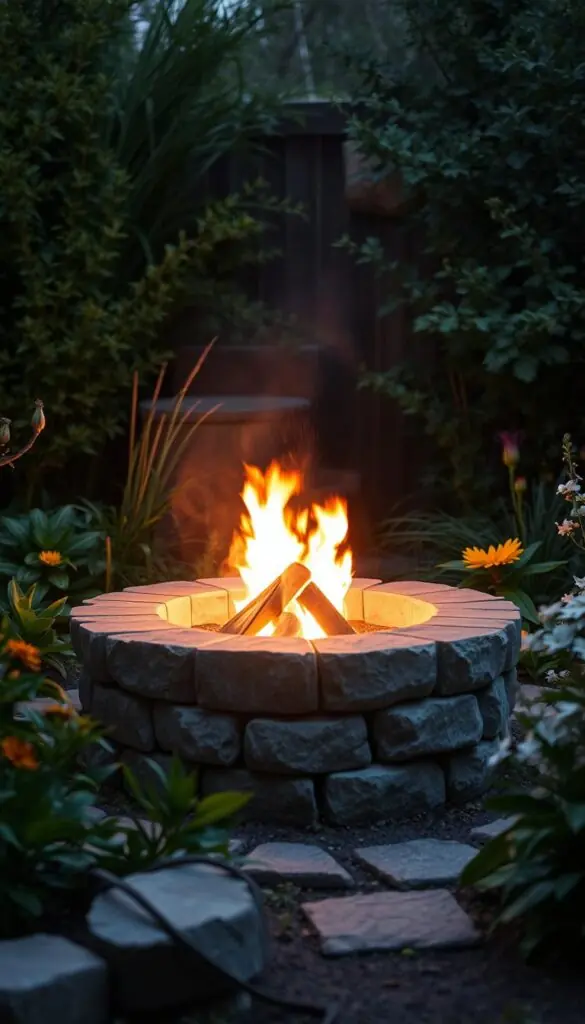 a rustic, cozy fire pit in a lush garden setting, with a warm glow emanating from the flames and illuminating the surrounding foliage. the fire pit is constructed of natural stone, nestled among verdant plants and flowers. the lighting is soft and atmospheric, creating an inviting ambiance perfect for intimate gatherings on a cool spring evening. the scene is captured from a slightly elevated angle, showcasing the fire pit's integration with the natural landscape. the overall mood is one of relaxation, comfort, and the simple pleasure of outdoor living. a rustic, cozy fire pit in a lush garden setting, with a warm glow emanating from the flames and illuminating the surrounding foliage. the fire pit is constructed of natural stone, nestled among verdant plants and flowers. the lighting is soft and atmospheric, creating an inviting ambiance perfect for intimate gatherings on a cool spring evening. the scene is captured from a slightly elevated angle, showcasing the fire pit's integration with the natural landscape. the overall mood is one of relaxation, comfort, and the simple pleasure of outdoor living.