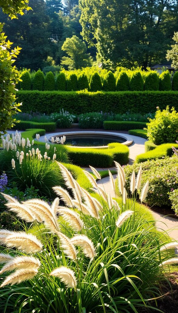 a serene, sun-dappled garden with a rhythmic pattern of lush vegetation, featuring a mix of vibrant green foliage, blooming flowers in pastel hues, and meandering garden paths. the scene is bathed in warm, golden light, with soft shadows playing across the ground. in the foreground, a row of tall, swaying ornamental grasses creates a gentle, undulating motion, echoed by the curving shapes of the flower beds. the middle ground reveals a tranquil reflecting pool, its surface mirroring the surrounding plants and creating a sense of visual harmony. in the distance, a row of neatly pruned hedges frames the scene, leading the eye towards a verdant backdrop of mature trees. the overall atmosphere is one of peaceful, natural rhythm, inviting the viewer to slow down and immerse themselves in the calming beauty of the summer garden. a serene, sun-dappled garden with a rhythmic pattern of lush vegetation, featuring a mix of vibrant green foliage, blooming flowers in pastel hues, and meandering garden paths. the scene is bathed in warm, golden light, with soft shadows playing across the ground. in the foreground, a row of tall, swaying ornamental grasses creates a gentle, undulating motion, echoed by the curving shapes of the flower beds. the middle ground reveals a tranquil reflecting pool, its surface mirroring the surrounding plants and creating a sense of visual harmony. in the distance, a row of neatly pruned hedges frames the scene, leading the eye towards a verdant backdrop of mature trees. the overall atmosphere is one of peaceful, natural rhythm, inviting the viewer to slow down and immerse themselves in the calming beauty of the summer garden.
