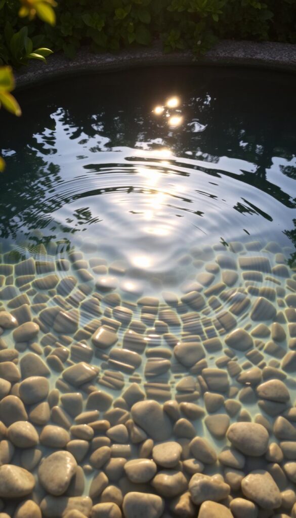 a shallow pool of crystal clear water, reflecting the soft golden light of a late afternoon sun. the surface ripples gently, creating patterns of light and shadow that dance across the bed of smooth pebbles below. lush green foliage frames the edges of the pool, hinting at a verdant garden beyond. the water appears cool and inviting, beckoning the viewer to dip their toes in and enjoy the tranquil scene. the overall mood is one of peaceful serenity, perfectly suited to a serene winter garden setting. a shallow pool of crystal clear water, reflecting the soft golden light of a late afternoon sun. the surface ripples gently, creating patterns of light and shadow that dance across the bed of smooth pebbles below. lush green foliage frames the edges of the pool, hinting at a verdant garden beyond. the water appears cool and inviting, beckoning the viewer to dip their toes in and enjoy the tranquil scene. the overall mood is one of peaceful serenity, perfectly suited to a serene winter garden setting.
