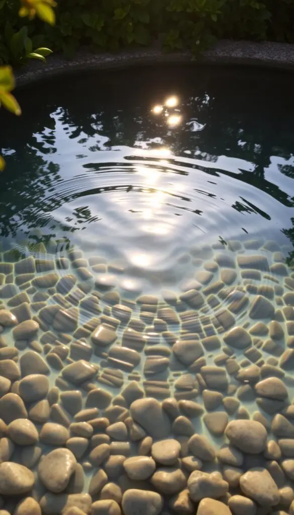 a shallow pool of crystal clear water, reflecting the soft golden light of a late afternoon sun. the surface ripples gently, creating patterns of light and shadow that dance across the bed of smooth pebbles below. lush green foliage frames the edges of the pool, hinting at a verdant garden beyond. the water appears cool and inviting, beckoning the viewer to dip their toes in and enjoy the tranquil scene. the overall mood is one of peaceful serenity, perfectly suited to a serene winter garden setting.