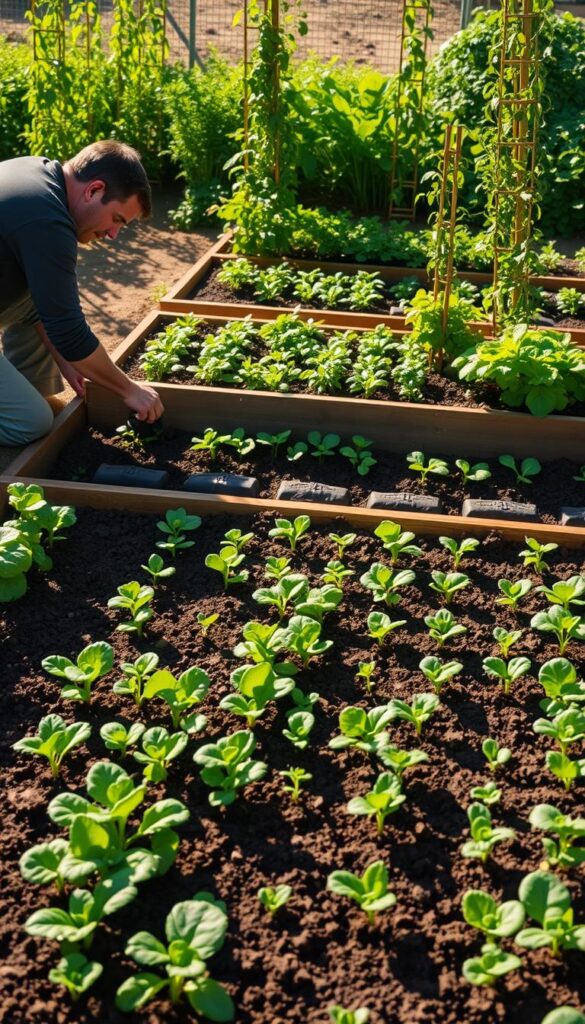 a vibrant garden bed showcasing various planting techniques that minimize overlap and maximize bed space. In the foreground, a gardener carefully placing seedlings in a neatly arranged grid pattern, using spacing and staggered rows to optimize the available area. The middle ground depicts a raised garden bed with a mix of leafy greens, root vegetables, and herbs, all strategically positioned to ensure even growth and minimize crowding. In the background, a series of small, orderly trellises support climbing plants, further enhancing the vertical utilization of the bed. The scene is illuminated by warm, natural sunlight, casting gentle shadows and highlighting the textures of the soil and foliage. The overall atmosphere conveys a sense of efficiency, organization, and the harmony of a well-designed vegetable garden. a vibrant garden bed showcasing various planting techniques that minimize overlap and maximize bed space. In the foreground, a gardener carefully placing seedlings in a neatly arranged grid pattern, using spacing and staggered rows to optimize the available area. The middle ground depicts a raised garden bed with a mix of leafy greens, root vegetables, and herbs, all strategically positioned to ensure even growth and minimize crowding. In the background, a series of small, orderly trellises support climbing plants, further enhancing the vertical utilization of the bed. The scene is illuminated by warm, natural sunlight, casting gentle shadows and highlighting the textures of the soil and foliage. The overall atmosphere conveys a sense of efficiency, organization, and the harmony of a well-designed vegetable garden.
