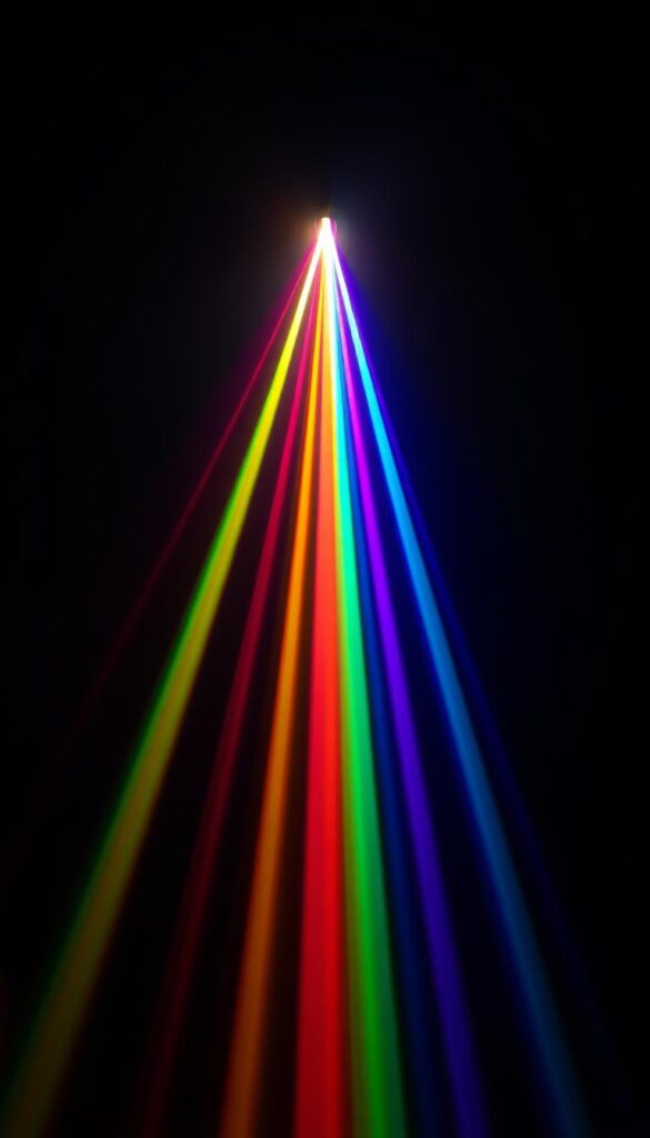 a vibrant spectrum of colored light beams emanating from a single source, shining against a dark background, capturing the full range of the visible light spectrum from red to violet, with distinct bands of color clearly defined and radiating outward, creating a sense of depth and dimension, the lighting carefully crafted to showcase the spectrum's mesmerizing visual impact, conveying the dynamic and essential role of light in plant growth and development