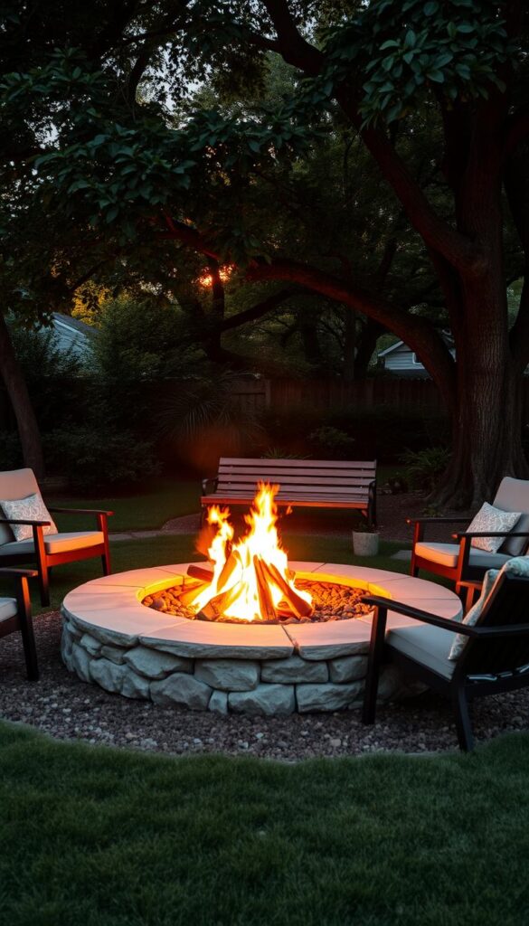 a warm, cozy fire pit in a lush backyard setting, with a circular stone base surrounded by comfortable lounge chairs and a rustic wooden bench, creating an inviting gathering space. The fire pit is ablaze with flickering flames, casting a warm glow over the scene. Mature trees and lush greenery form the backdrop, creating a serene and peaceful atmosphere. The lighting is soft and natural, with a hint of golden-hour sunlight filtering through the leaves. The overall mood is one of relaxation, camaraderie, and togetherness, perfect for a weekend gathering with friends and family. a warm, cozy fire pit in a lush backyard setting, with a circular stone base surrounded by comfortable lounge chairs and a rustic wooden bench, creating an inviting gathering space. The fire pit is ablaze with flickering flames, casting a warm glow over the scene. Mature trees and lush greenery form the backdrop, creating a serene and peaceful atmosphere. The lighting is soft and natural, with a hint of golden-hour sunlight filtering through the leaves. The overall mood is one of relaxation, camaraderie, and togetherness, perfect for a weekend gathering with friends and family.