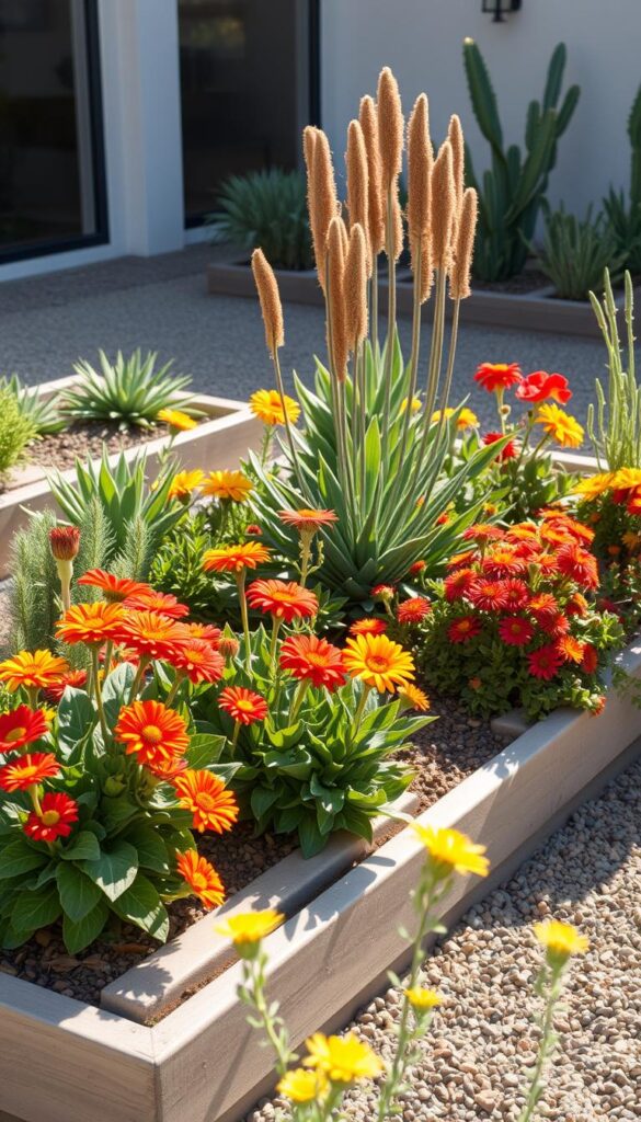 a well-designed garden bed with raised planting areas, featuring a variety of heat-tolerant flowers and plants arranged in a visually appealing layout. The bed is situated in a bright, sunny outdoor setting with soft, diffused lighting that casts gentle shadows, creating a serene and inviting atmosphere. The foreground showcases vibrant, drought-resistant blooms in warm tones of red, orange, and yellow, interspersed with leafy green foliage. The middle ground features a mix of taller, architectural plants and smaller, ground-covering species, strategically placed to provide depth and visual interest. The background is composed of a neutral, textured surface, such as gravel or paving stones, which helps to accentuate the colors and shapes of the plants.