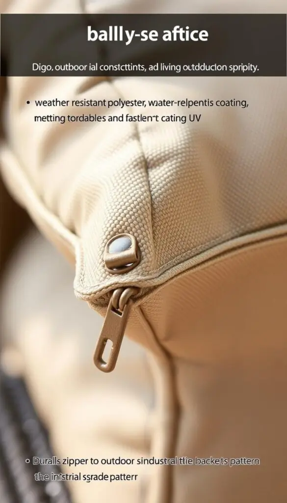 durability details, close-up view of rugged outdoor fabric texture, heavy-duty stitching, sturdy materials like weather-resistant polyester, water-repellent coating, UV-resistant dyes, durable zippers and fasteners, intricate weave pattern, industrial-grade construction, neutral earth-tone colors, diffused natural lighting, high-resolution camera, shallow depth of field, highlighting the quality and longevity of outdoor cushions durability details, close-up view of rugged outdoor fabric texture, heavy-duty stitching, sturdy materials like weather-resistant polyester, water-repellent coating, UV-resistant dyes, durable zippers and fasteners, intricate weave pattern, industrial-grade construction, neutral earth-tone colors, diffused natural lighting, high-resolution camera, shallow depth of field, highlighting the quality and longevity of outdoor cushions