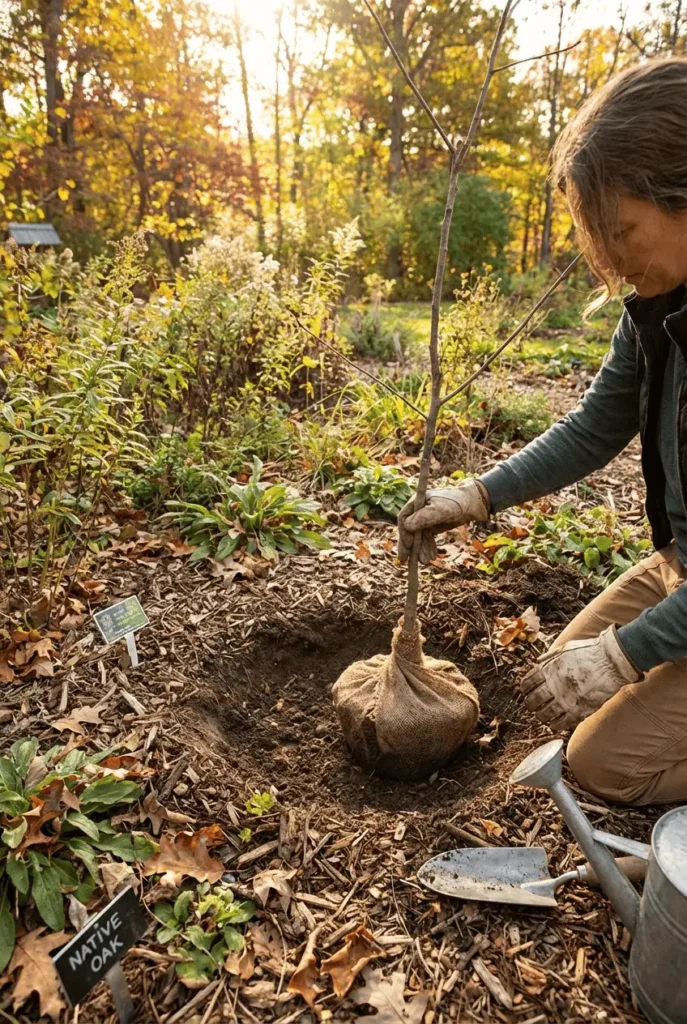 “beginner planting a small native tree in fall, wide but shallow hole, root flare visible, warm autumn light, gentle eco-friendly gardening aesthetic”