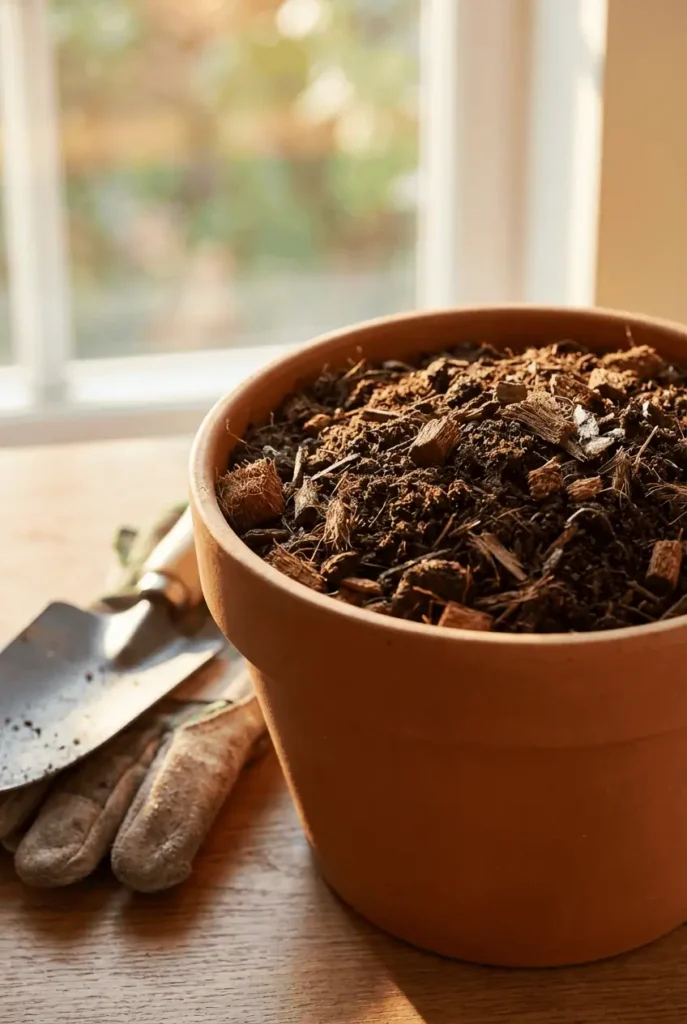 “close-up of peat-free compost with visible organic texture, warm daylight, calm natural mood, beginner-friendly soil care scene”
