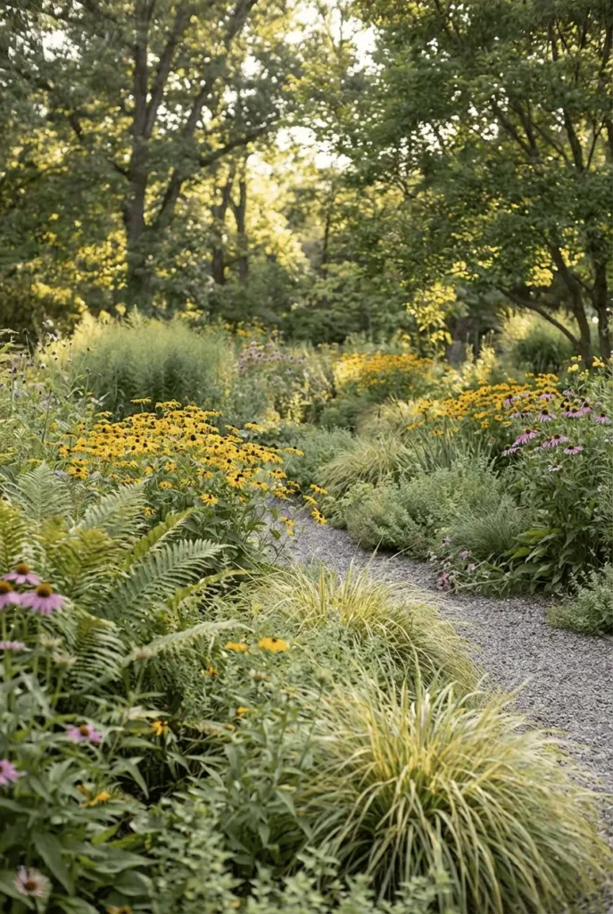 “native perennial garden with black-eyed Susan, coneflower, ferns, and sedges, soft sunlight, muted greens and golds, calm naturalistic planting style”