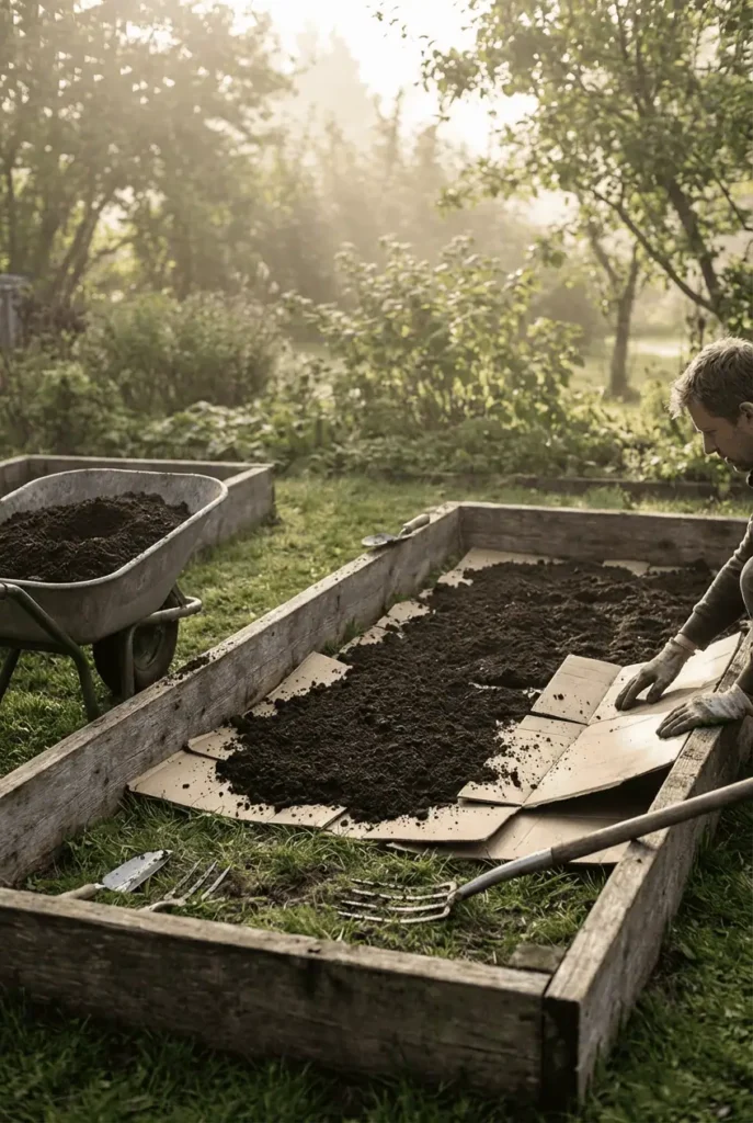 “no-dig garden bed being built with cardboard layer, peat-free compost on top, gentle morning sunlight, muted browns and greens, soft organic textures, realistic eco-friendly gardening aesthetic”