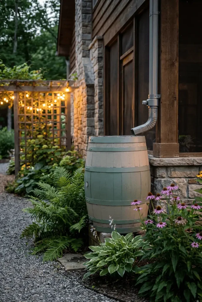 “rain barrel setup under a downspout with diverter, native plants around base, soft warm light, eco-friendly home garden style, sage and beige tones”