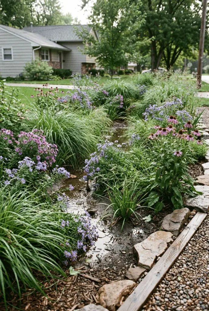 “shallow rain garden planted with sedges, asters, and coneflower, 3–6 inch basin, soft filtered daylight, naturalistic sustainable landscaping aesthetic”