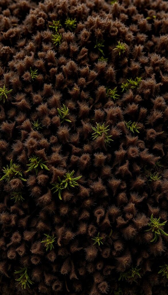 peat moss, close-up view of the spongy, fibrous texture of the dark brown organic material, detailed and highly realistic, evenly lit from above to showcase the intricate structure, shallow depth of field to focus attention, studio lighting, high quality, 4K resolution