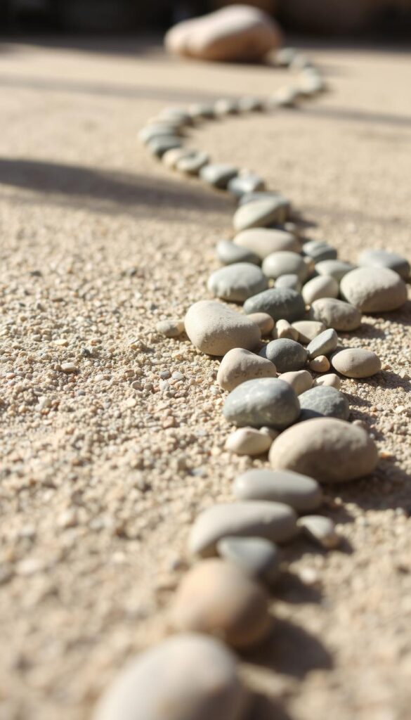 sand gravel tips, carefully arranged pebbles in various shades of gray and beige, meticulously placed to create a serene and harmonious composition. The foreground features a close-up view of the textured surface, with each individual stone and pebble clearly visible. The middle ground showcases a balanced arrangement of larger stones, interspersed with smaller pebbles, creating a visually pleasing pattern. The background fades into soft, out-of-focus shadows, emphasizing the tranquil and calming atmosphere. The lighting is gentle and diffused, casting soft shadows that accentuate the depth and dimension of the scene. The overall image conveys a sense of mindfulness, attention to detail, and the beauty found in the simplicity of natural elements. sand gravel tips, carefully arranged pebbles in various shades of gray and beige, meticulously placed to create a serene and harmonious composition. The foreground features a close-up view of the textured surface, with each individual stone and pebble clearly visible. The middle ground showcases a balanced arrangement of larger stones, interspersed with smaller pebbles, creating a visually pleasing pattern. The background fades into soft, out-of-focus shadows, emphasizing the tranquil and calming atmosphere. The lighting is gentle and diffused, casting soft shadows that accentuate the depth and dimension of the scene. The overall image conveys a sense of mindfulness, attention to detail, and the beauty found in the simplicity of natural elements.